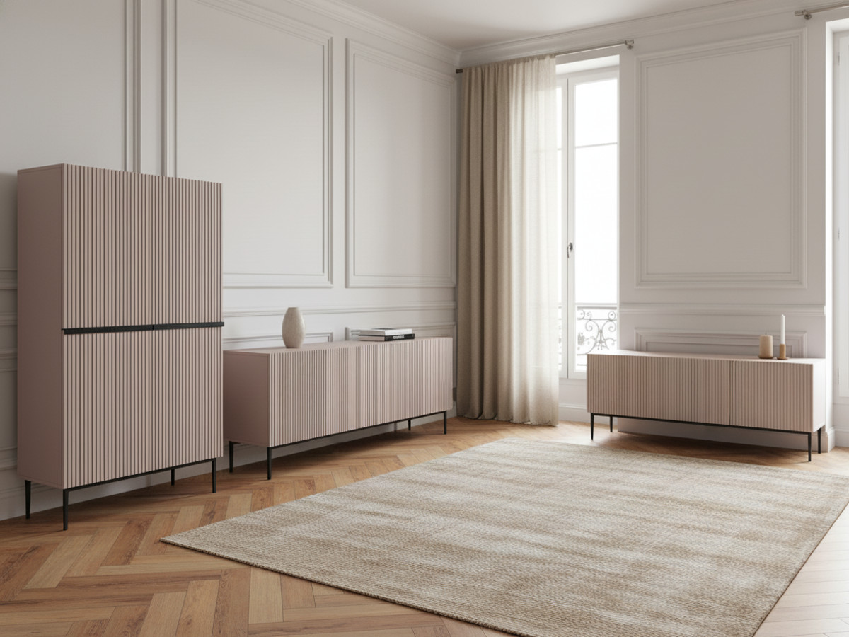 KASHA set met 200 cm tv-meubel + 200 cm 4-deurs dressoir + 100 cm 2-deurs hoog dressoir met zwarte poten