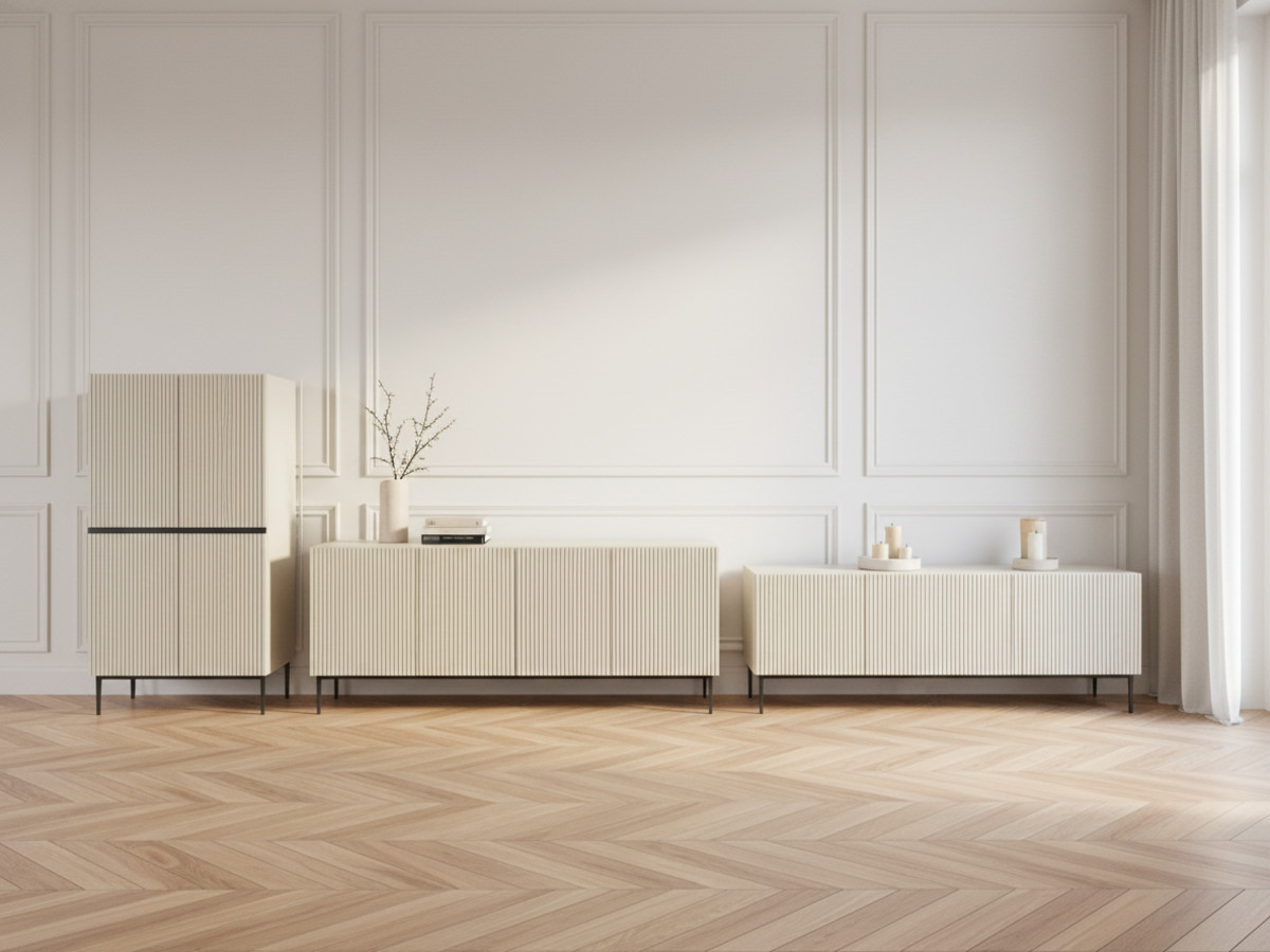 Ensemble KASHA avec Meuble TV 200 cm + Buffet 4 portes 200 cm + Buffet haut 2 portes 100 cm pieds noirs