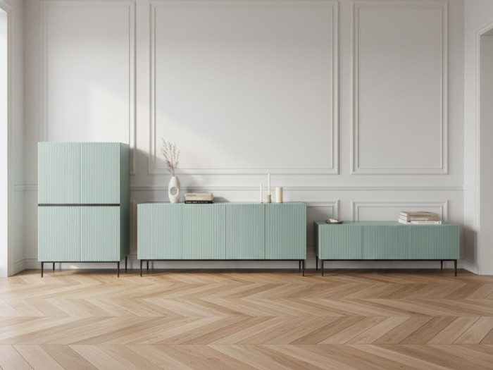 Ensemble KASHA avec Meuble TV 200 cm + Buffet 4 portes 200 cm + Buffet haut 2 portes 100 cm pieds noirs