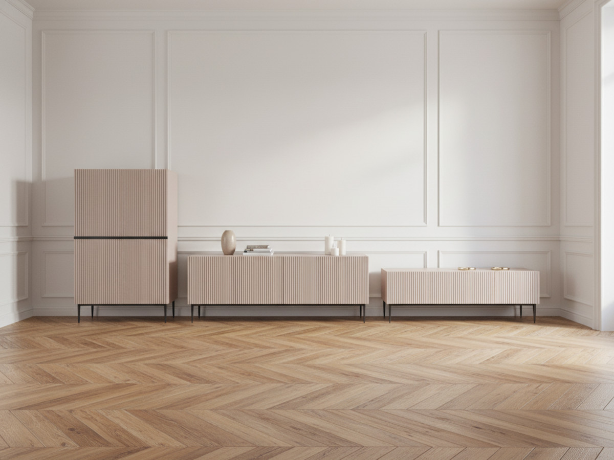 KASHA set met 200 cm tv-meubel + 200 cm 4-deurs dressoir + 100 cm 2-deurs hoog dressoir met zwarte poten