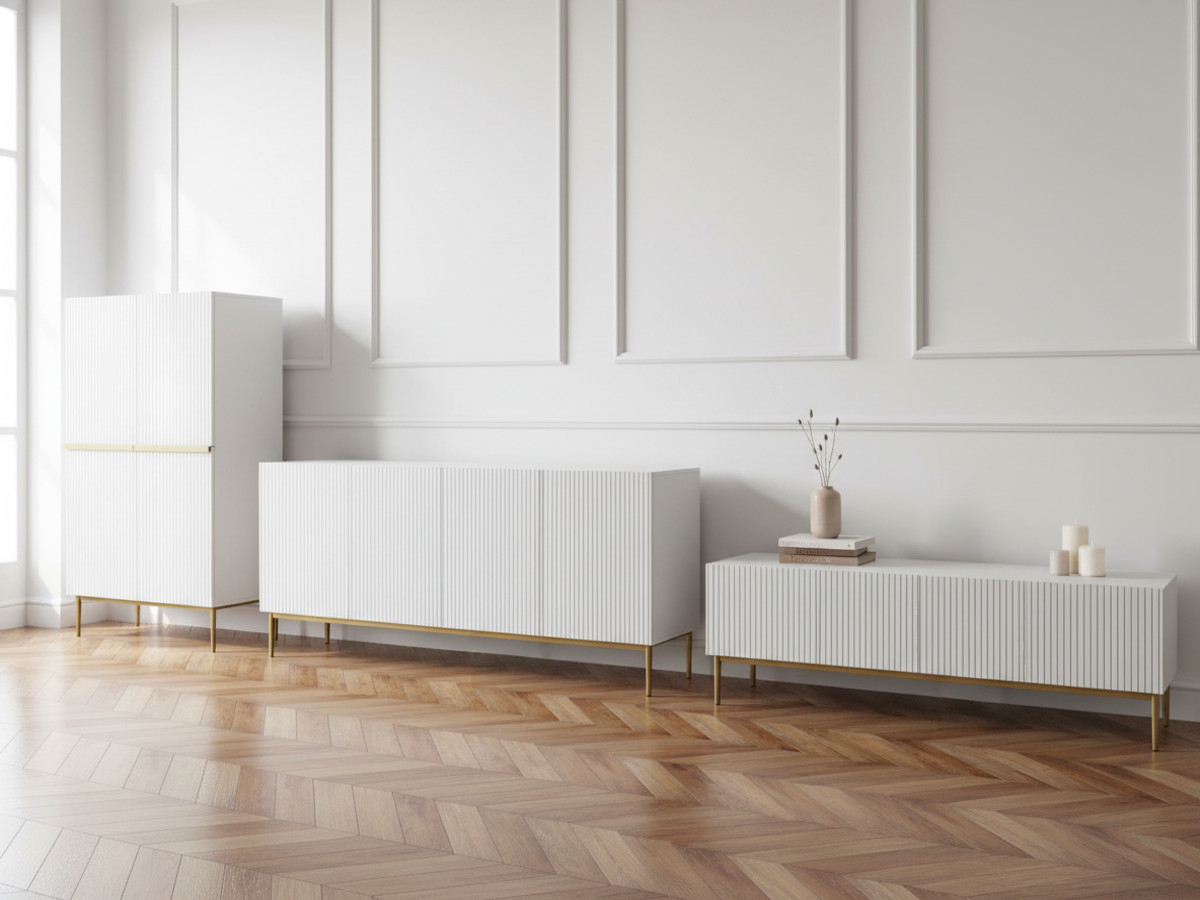 Ensemble KASHA avec Meuble TV 200 cm + Buffet 4 portes 200 cm + Buffet haut 2 portes 100 cm pieds or blanc — vue 4