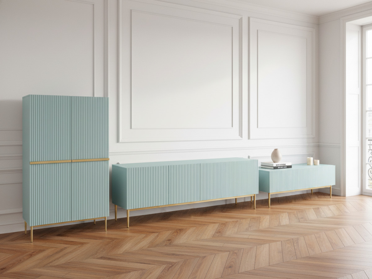 KASHA set met 200 cm tv-meubel + 200 cm 4-deurs dressoir + 100 cm 2-deurs hoog dressoir met gouden poten