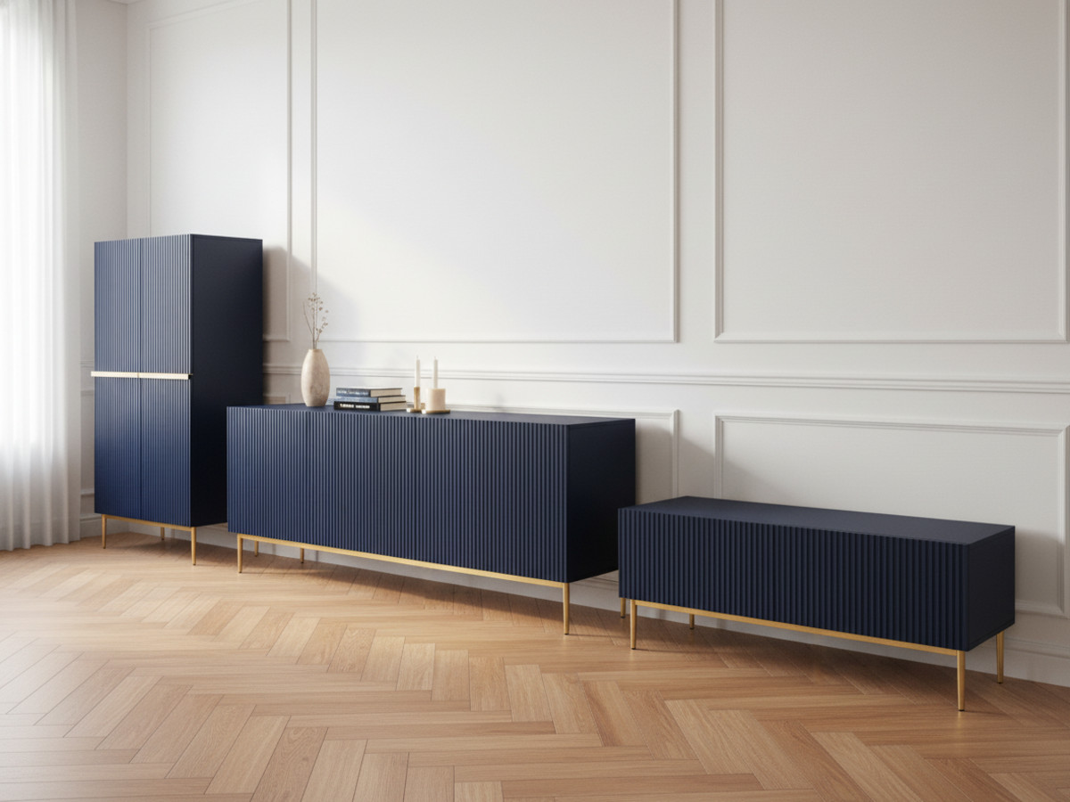 KASHA set met 200 cm tv-meubel + 200 cm 4-deurs dressoir + 100 cm 2-deurs hoog dressoir met gouden poten