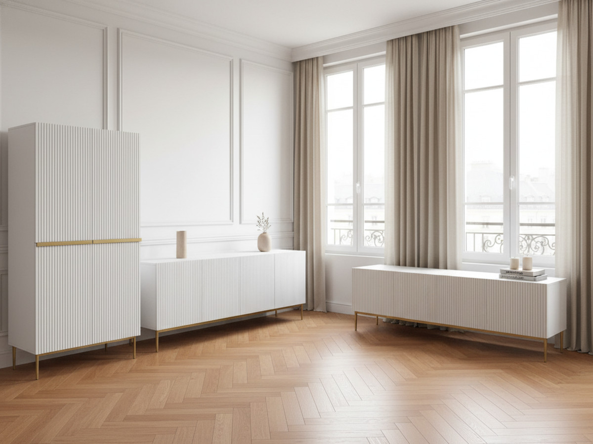 Ensemble KASHA avec Meuble TV 200 cm + Buffet 4 portes 200 cm + Buffet haut 2 portes 100 cm pieds or blanc — vue 5