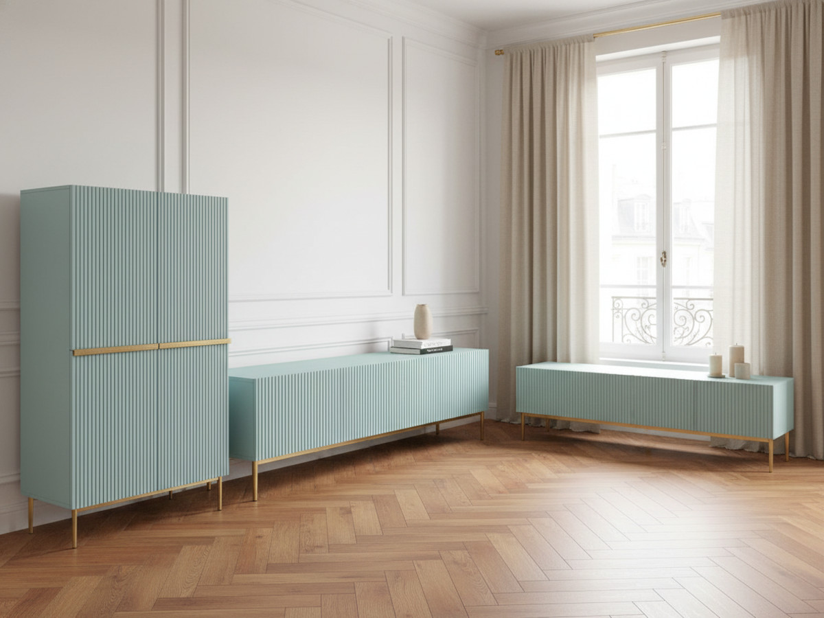 KASHA set met 200 cm tv-meubel + 200 cm 4-deurs dressoir + 100 cm 2-deurs hoog dressoir met gouden poten