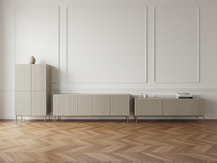 Ensemble KASHA Meuble TV 200 cm pieds or + Buffet 4 portes 200 cm pieds or + Buffet haut 2 portes 100 cm pieds or