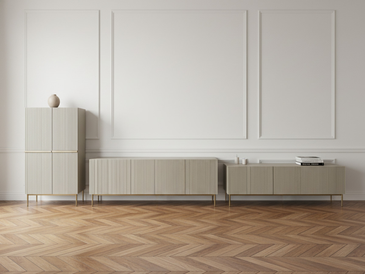 Ensemble KASHA avec Meuble TV 200 cm + Buffet 4 portes 200 cm + Buffet haut 2 portes 100 cm pieds or beige