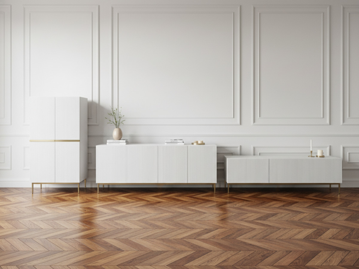 KASHA set met 200 cm tv-meubel + 200 cm 4-deurs dressoir + 100 cm 2-deurs hoog dressoir met gouden poten