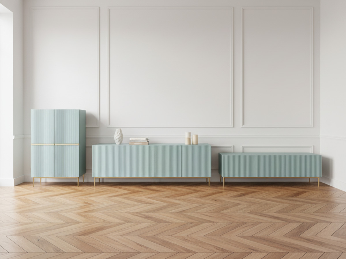 KASHA set met 200 cm tv-meubel + 200 cm 4-deurs dressoir + 100 cm 2-deurs hoog dressoir met gouden poten