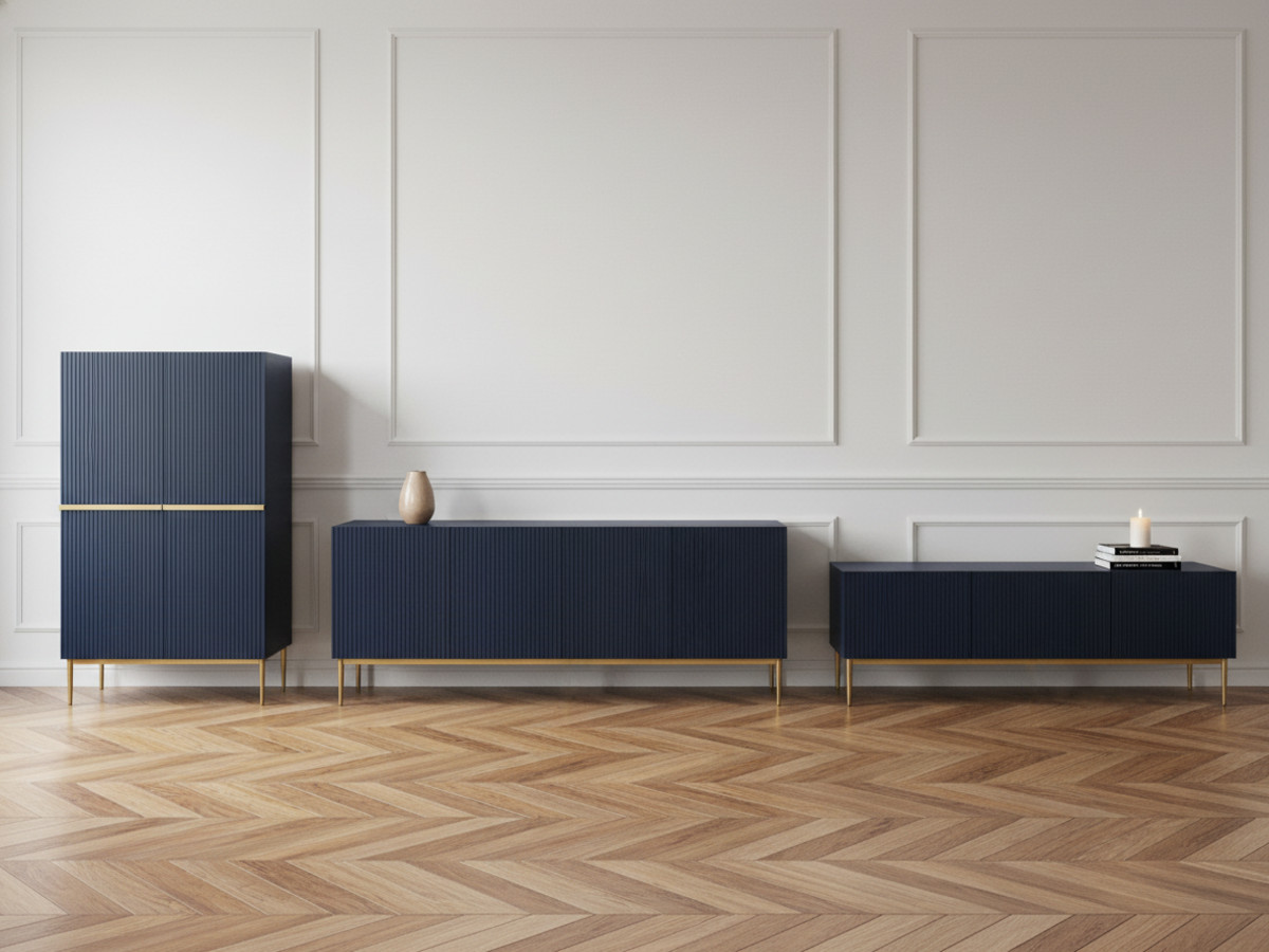 KASHA set met 200 cm tv-meubel + 200 cm 4-deurs dressoir + 100 cm 2-deurs hoog dressoir met gouden poten