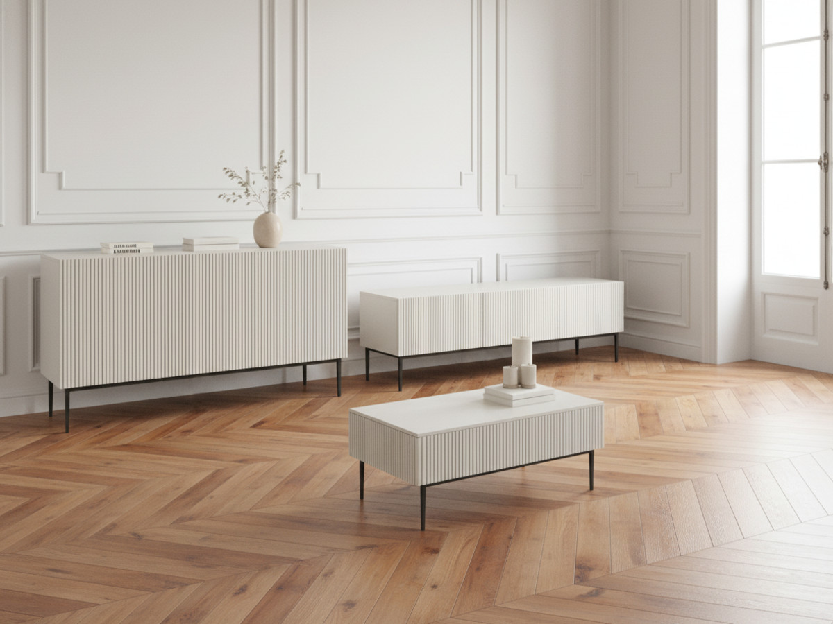 Ensemble KASHA avec meuble TV 200 cm + buffet 4 portes 200 cm + table basse pieds noirs beige — vue 4