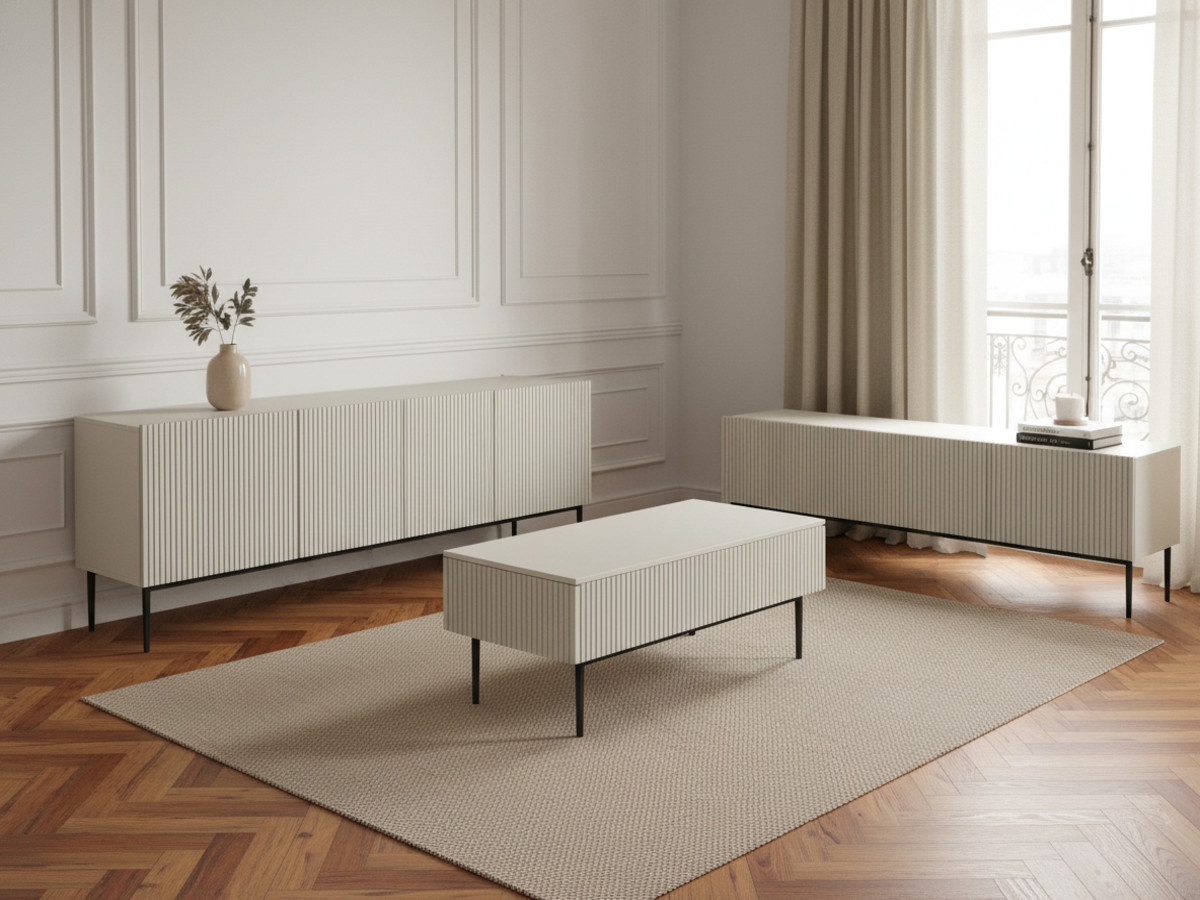 Ensemble KASHA avec meuble TV 200 cm + buffet 4 portes 200 cm + table basse pieds noirs beige — vue 5