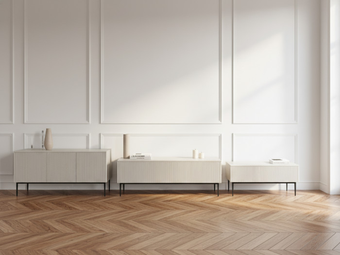 Ensemble KASHA Meuble TV 200 cm pieds noirs + Buffet 4 portes 200 cm pieds noirs