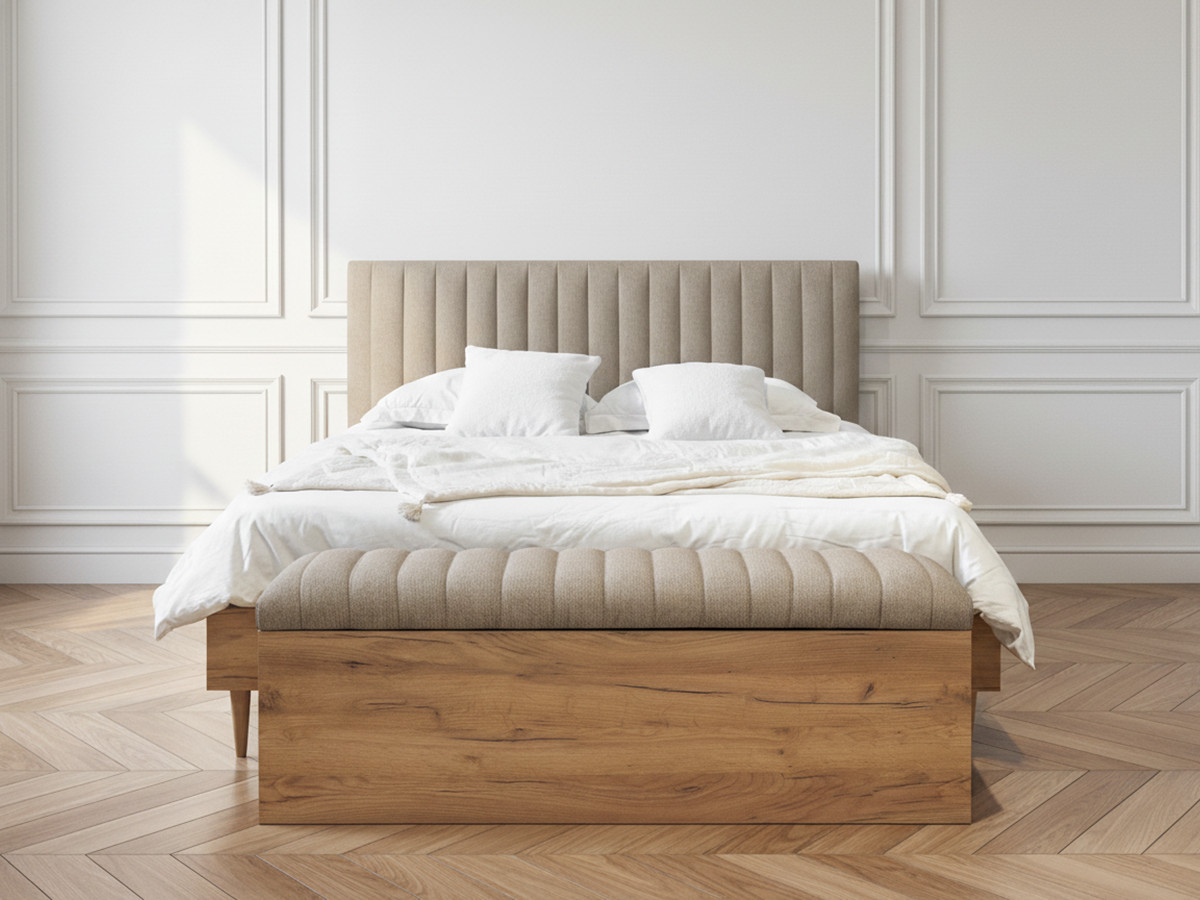 Lit OCEANE avec lattes massives tissu texturé + Bout de lit OCEANE