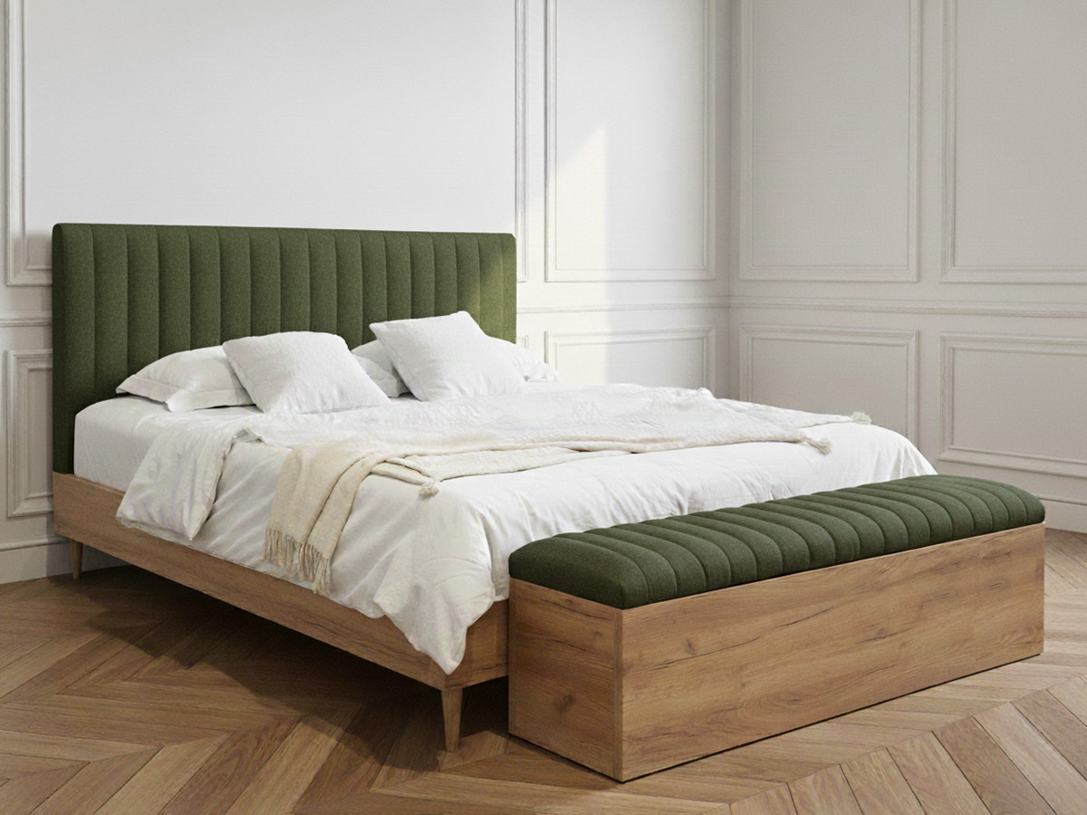 Lit OCEANE avec lattes massives tissu texturé + Bout de lit OCEANE