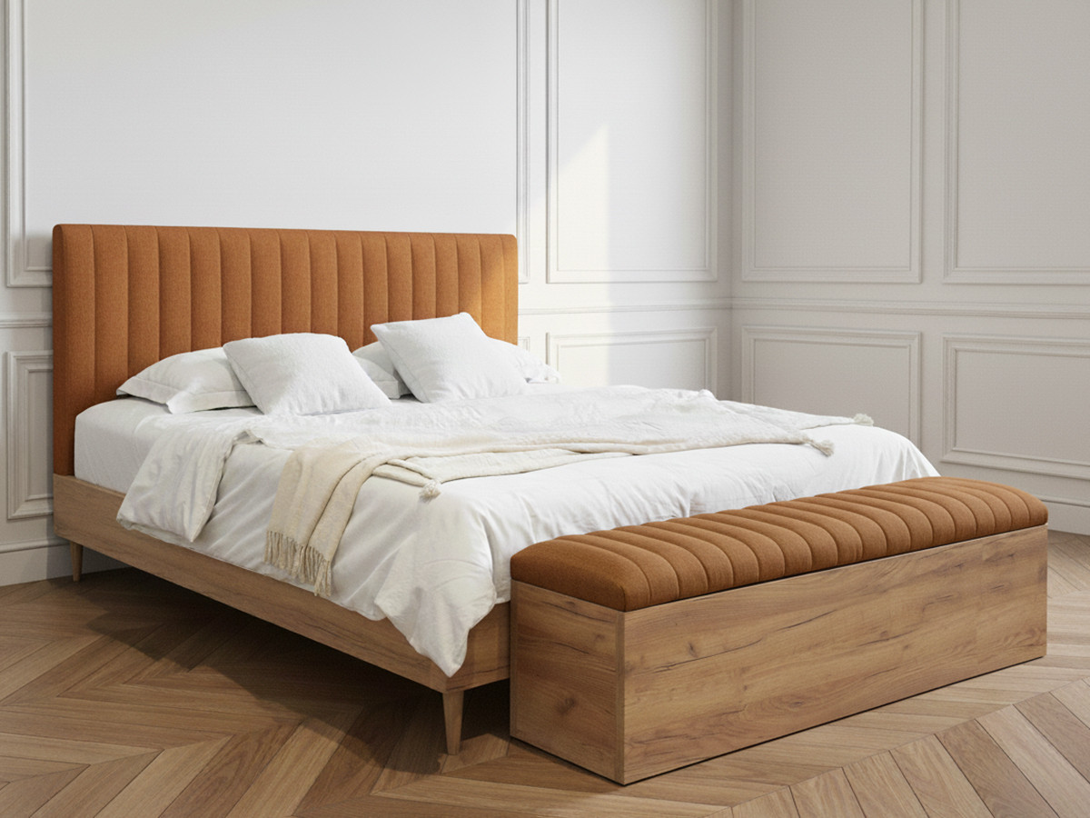 Lit OCEANE avec lattes massives tissu texturé + Bout de lit OCEANE