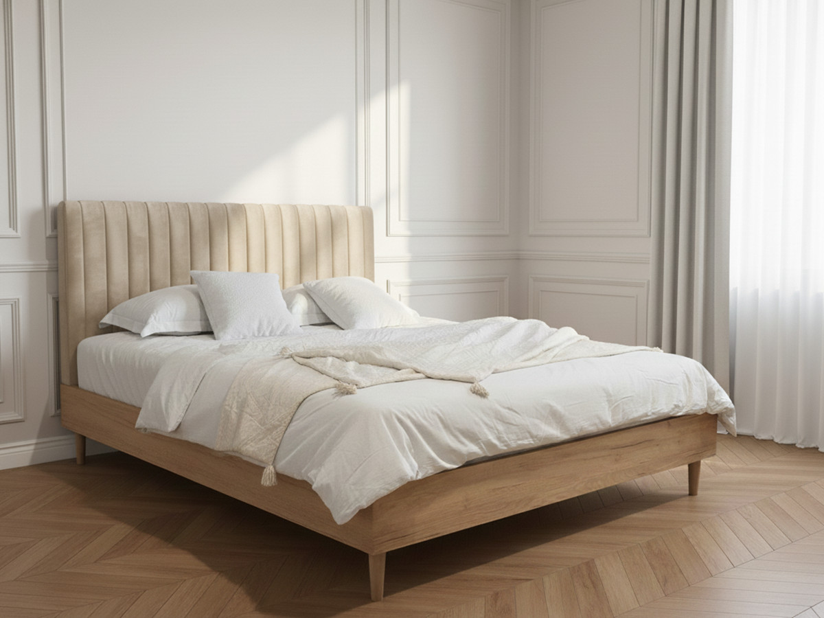 Lit OCEANE VELOURS avec lattes massives beige — vue 4