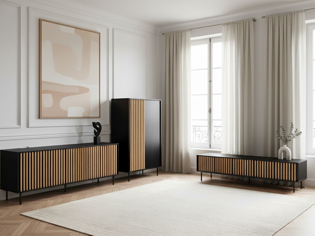 CORNEILLE set met 220 cm dressoir + 220 cm tv-meubel + 100 cm hoog dressoir met massief grenen latten