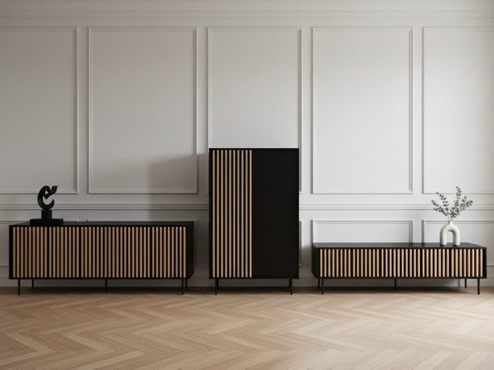 Ensemble CORNEILLE avec buffet 220 cm + meuble TV 220 cm + buffet haut 100 cm tasseaux pin massif