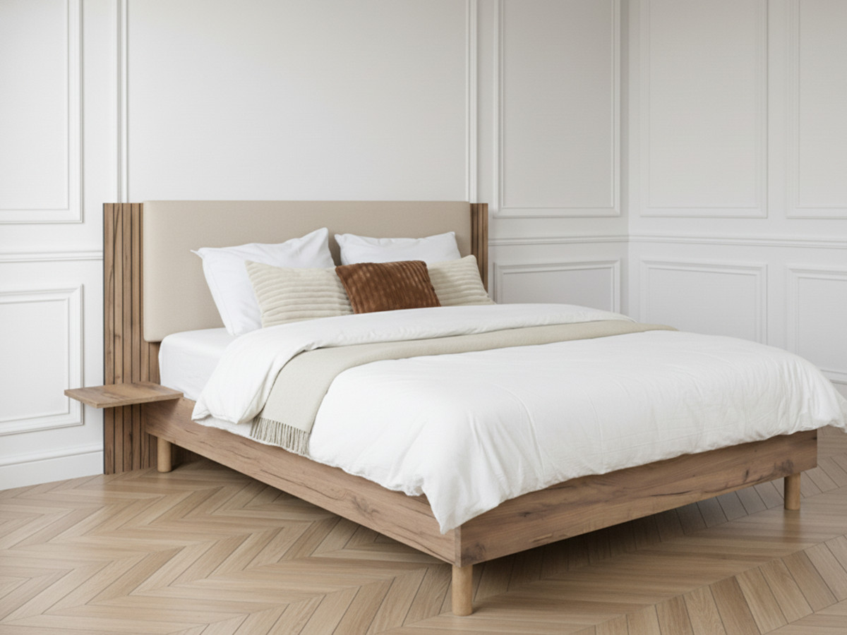 LIOR bed met massieve lattenbodem en poten van natuurlijk hout