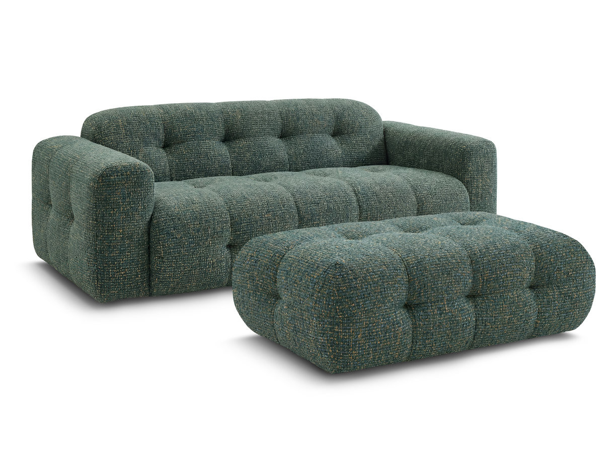 laura vaste 3-zitsbank in gemęleerde stof met grote poef gekleurd donkergroen
