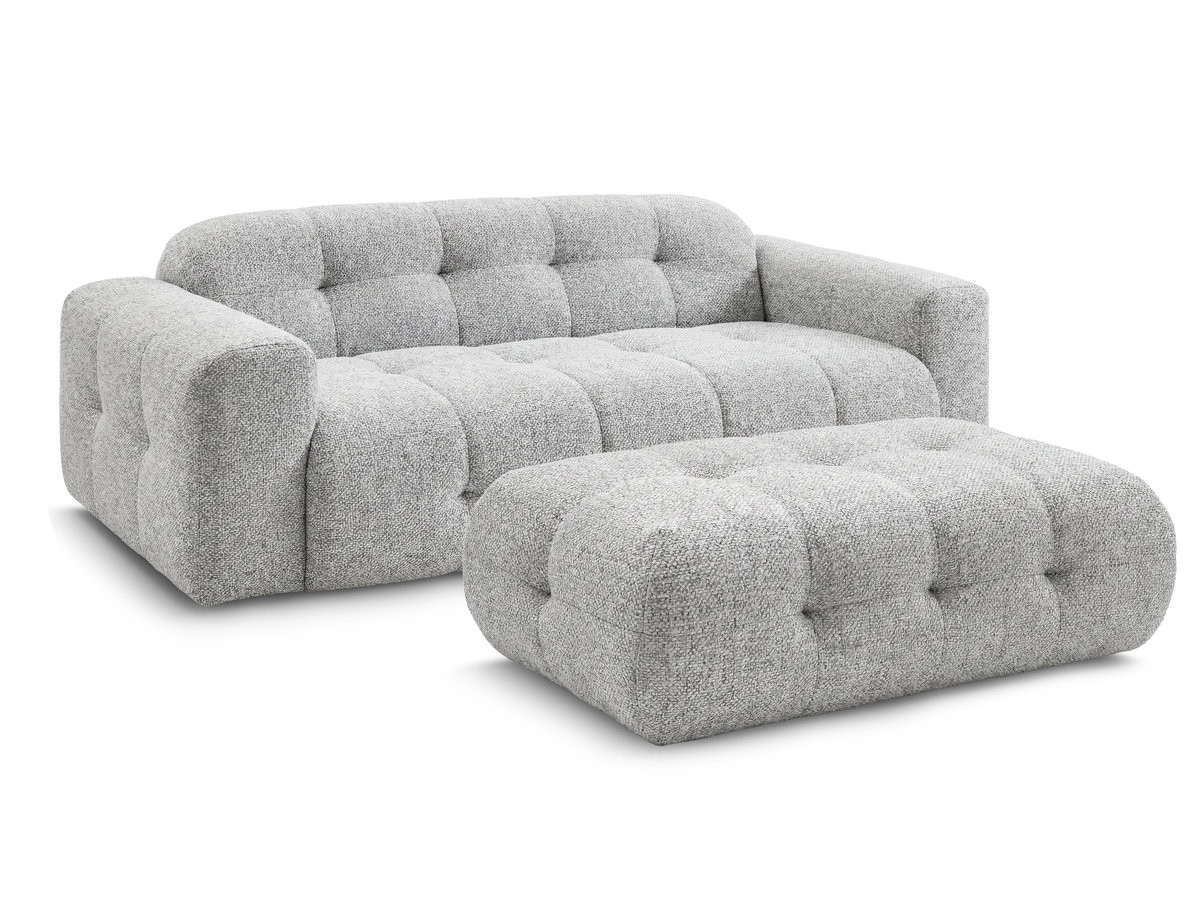 laura vaste 3-zitsbank in gemęleerde stof met grote poef gekleurd lichtgrijs