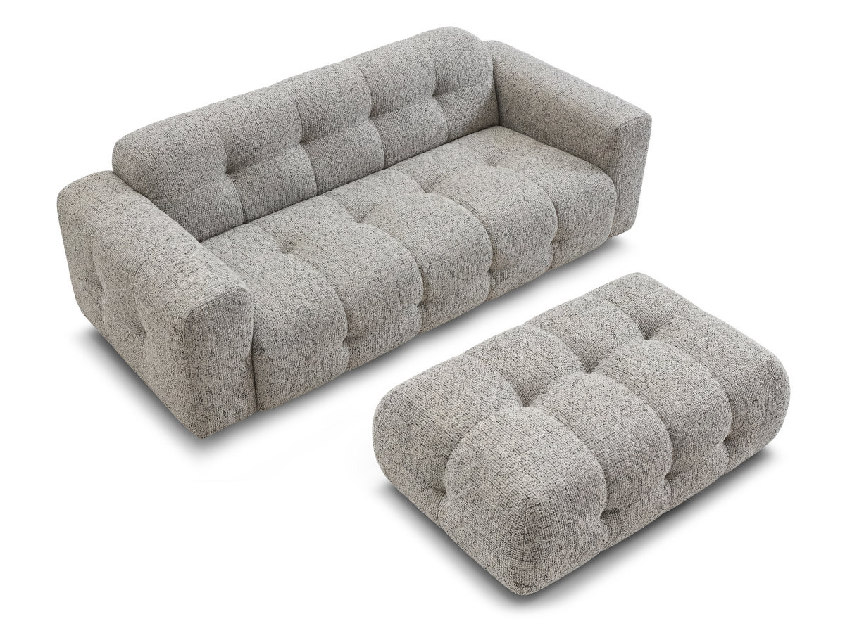 Canapé droit fixe 3 places LAURA tissu chiné avec grand pouf