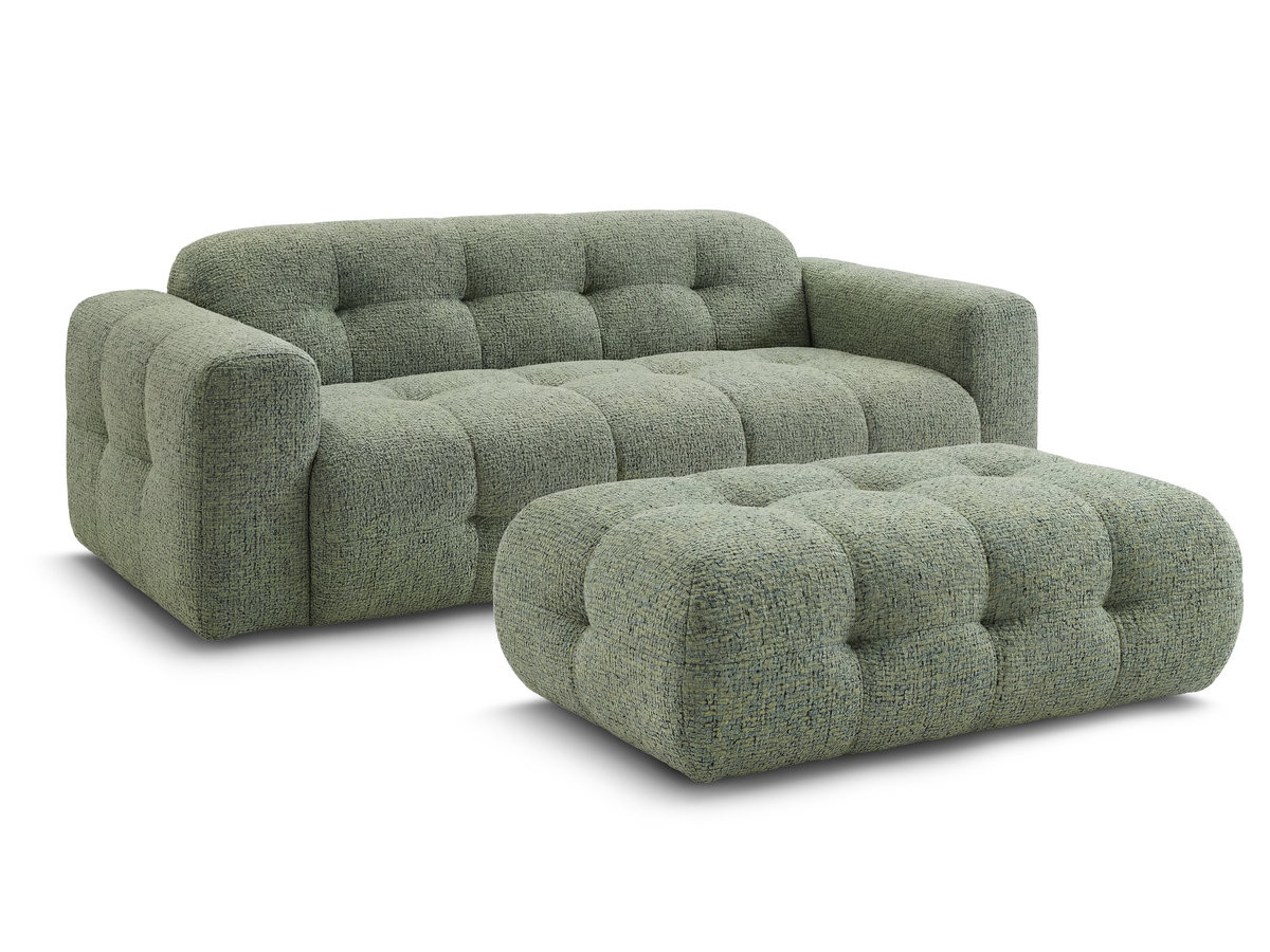 laura vaste 3-zitsbank in gemęleerde stof met grote poef gekleurd lichtgroen
