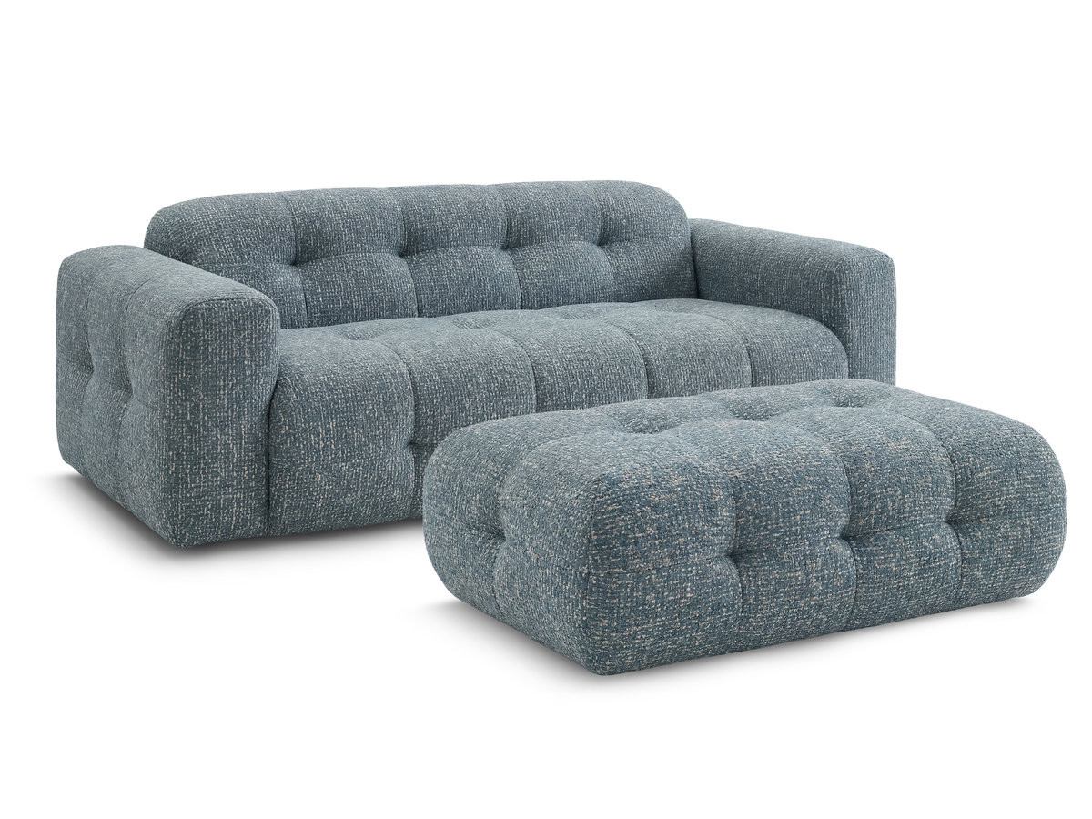 laura vaste 3-zitsbank in gemęleerde stof met grote poef gekleurd blauw