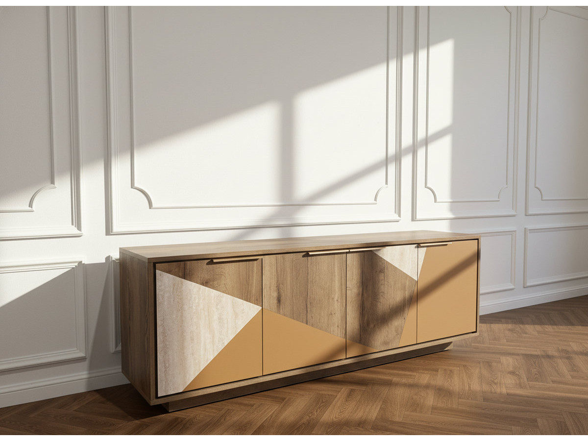 TULUM dressoir met 4 deuren, 190 cm, hout- en travertinlook