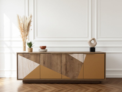 Buffet 4 portes 190 cm TULUM effet bois et travertin