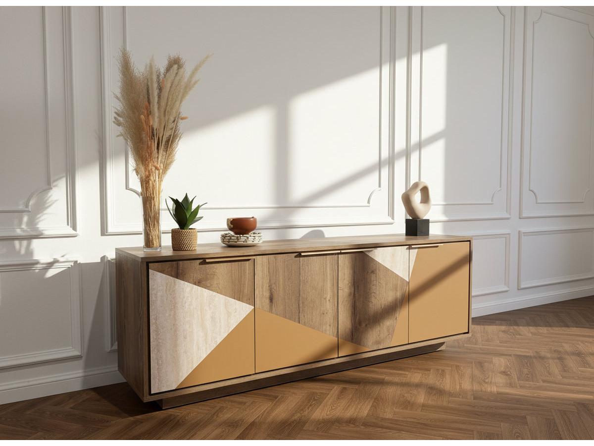 TULUM dressoir met 4 deuren, 190 cm, hout- en travertinlook