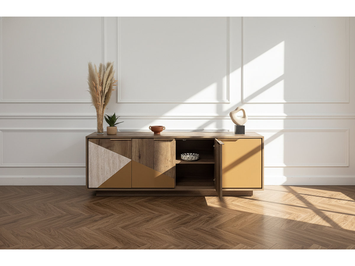 Buffet 4 portes 190 cm TULUM effet bois et travertin — vue 5