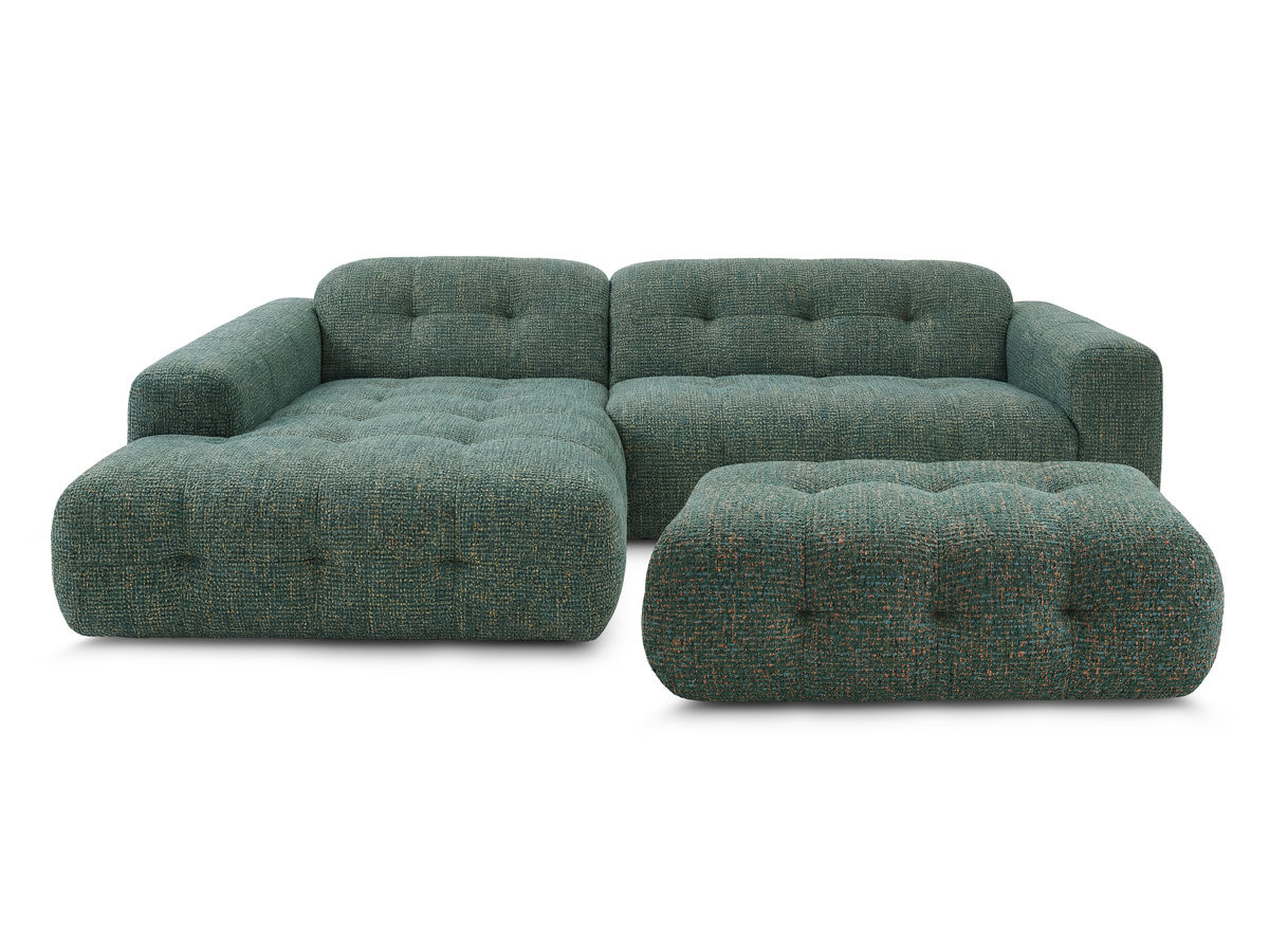 Canapé d'angle fixe LAURA tissu chiné avec grand pouf