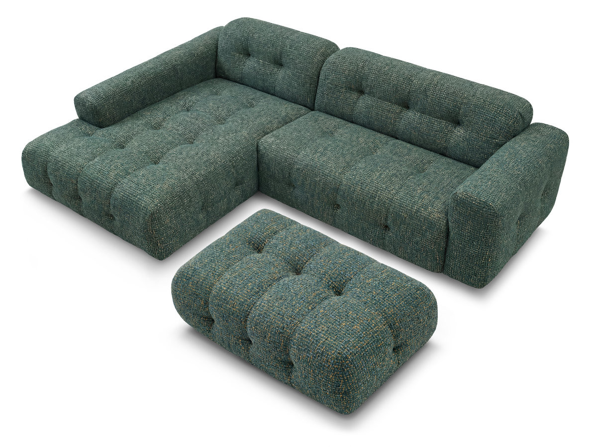 Canapé d'angle fixe LAURA tissu chiné avec grand pouf