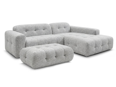 Canapé d'angle fixe LAURA tissu chiné avec grand pouf