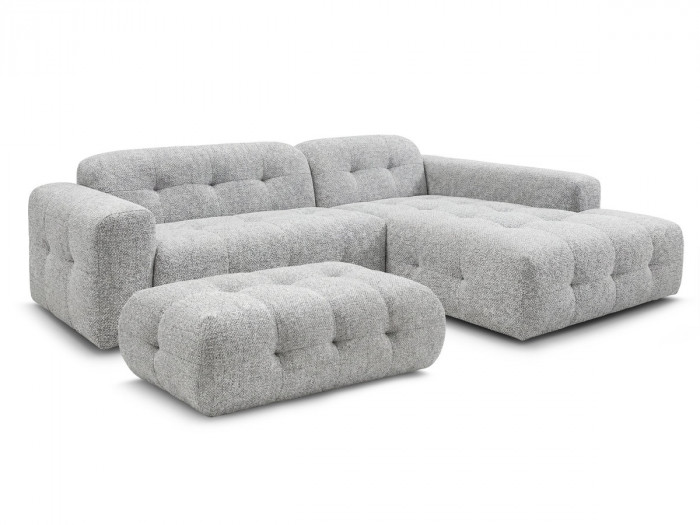 Canapé d'angle fixe LAURA tissu chiné avec grand pouf