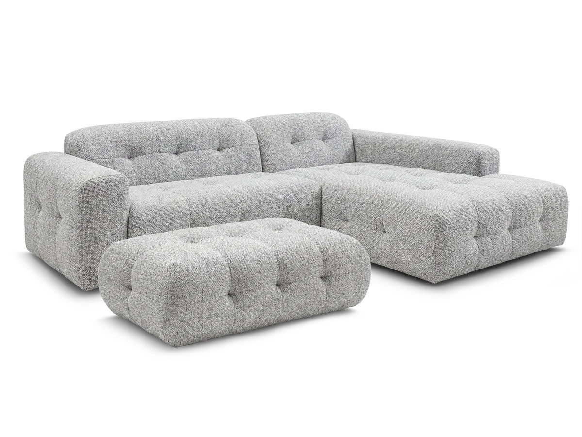 Canapé d'angle fixe LAURA tissu chiné avec grand pouf
