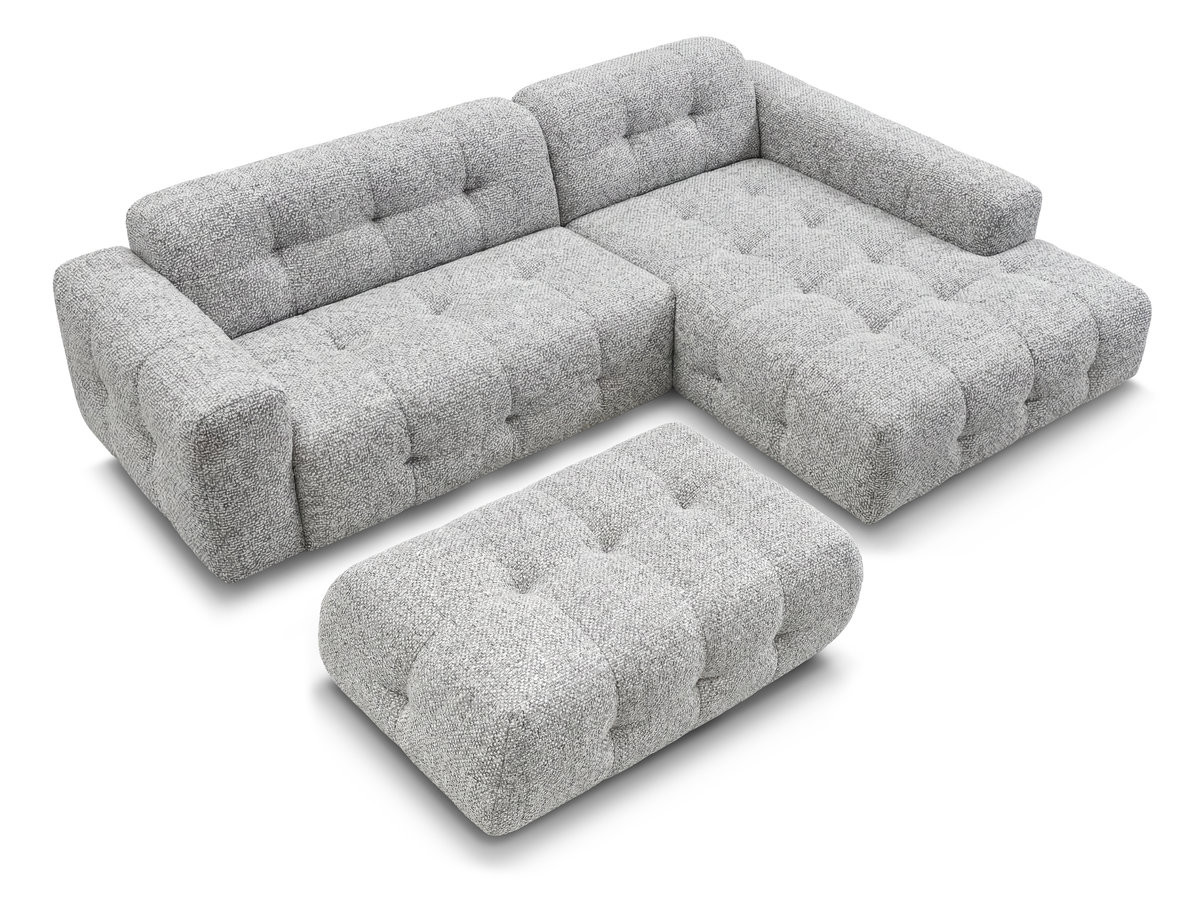 Canapé d'angle fixe LAURA tissu chiné avec grand pouf