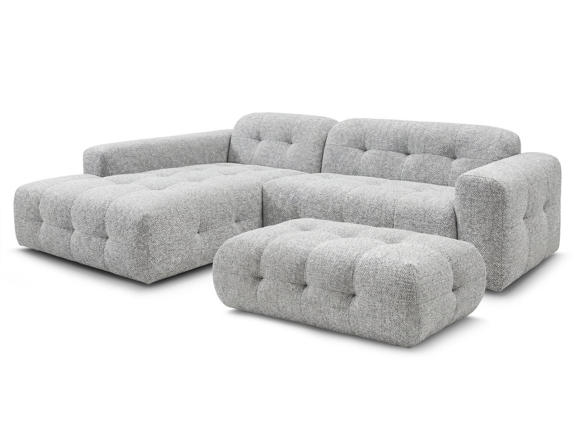 canapé d'angle fixe laura tissu chiné avec grand pouf de couleur gris clair