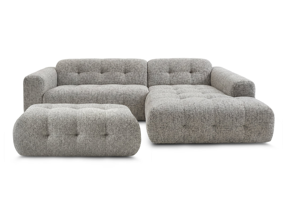 Canapé d'angle fixe LAURA tissu chiné avec grand pouf