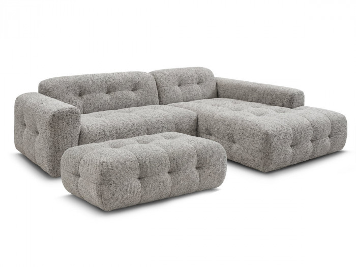 Canapé d'angle fixe LAURA tissu chiné avec grand pouf