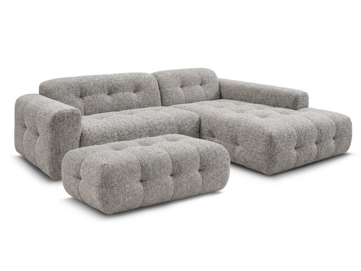 Canapé d'angle fixe LAURA tissu chiné avec grand pouf