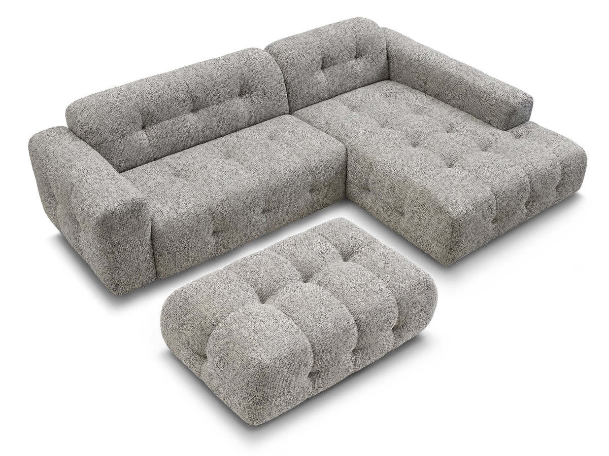Canapé d'angle fixe LAURA tissu chiné avec grand pouf