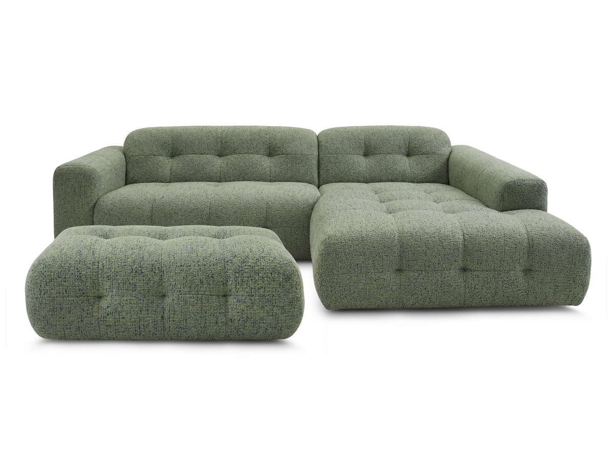 Canapé d'angle fixe LAURA tissu chiné avec grand pouf