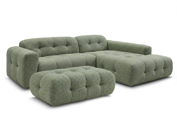 Canapé d'angle fixe LAURA tissu chiné avec grand pouf