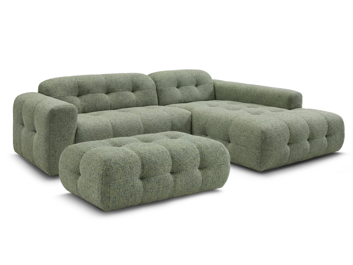 Canapé d'angle fixe LAURA tissu chiné avec grand pouf