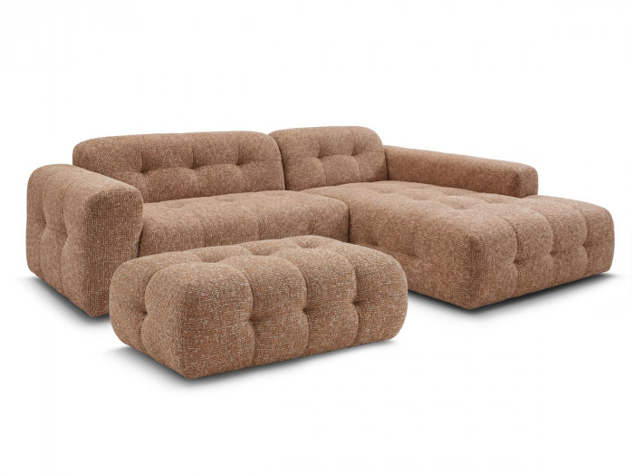 Canapé d'angle fixe LAURA tissu chiné avec grand pouf