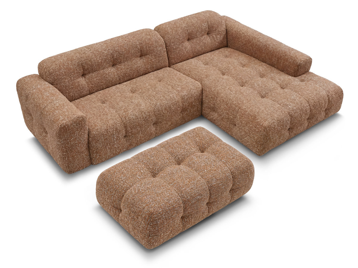 Canapé d'angle fixe LAURA tissu chiné avec grand pouf