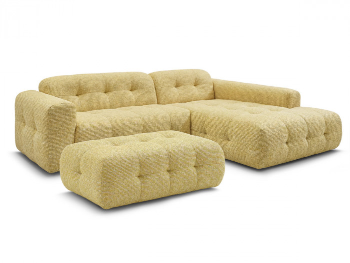 Canapé d'angle fixe LAURA tissu chiné avec grand pouf